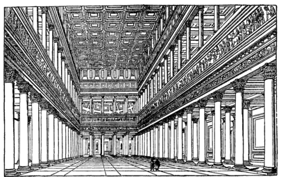 Interior of the Basilica Ulpia, architectural reconstruction. In use, the basilica would have contained law courts, banking, and a covered marketplace.
