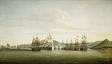 Two opposing fleets are sailing head on in a line of battle. There is an island on the right side of the composition.