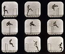 Nine photographs, arranged in 3 rows of 3, show the sequence of a man's jump over a hurdle. The first photo at the top left shows the man in front of a hurdle with his right leg raised. As he propels himself over the hurdle, he pulls his trailing left leg up and in front of him while pushing his arms to the back. The last three photos show him as he clears the hurdle and lands on both feet.