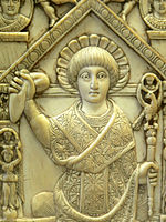 Consul Anastasius wearing consular robes akin to imperial ones. From his consular diptych, 517.