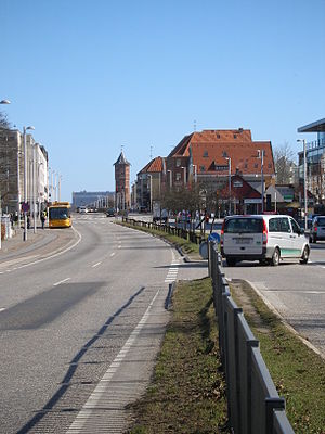 Hovedgaden, Glostrup's main street with the iconic water tower