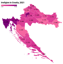 Shares of irreligious people in Croatia, 2021