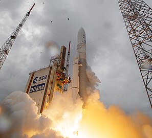 Ariane 5 containing the James Webb Space Telescope lifting-off from the launch pad