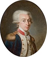 Marquis de Lafayette (1757–1834) wearing a powdered wig tied in a queue that was a common piece of men's dress by c. 1795.