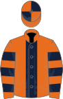 Orange, dark blue stripe, hooped sleeves, quartered cap