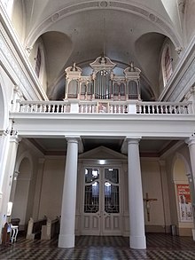 St. Albert Church, Riga, inside view, the main door with the Choir balcony