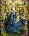 Stefan Lochner: Madonna im Rosenhag, etwa 1448. Der goldene Hintergrund steht für Heiligkeit, Kostbares, Überirdisches und die Majestät und Vollkommenheit Gottes.