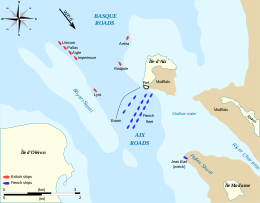 Map of the Basque Roads showing the position of the French and British ships at the start of the 1809 battle