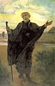 A painting of Saint Andrew Bobola holding a staff with his arms outstretched. He is outside wearing a black cloak with a cross necklace.
