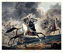 A mounted man on a dark horse attacking a line of mounted men