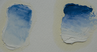 Cerulean blue pigment in oil. On the left as a standoil glaze over zinc white; on the right as a mass tone in oil-based paint.