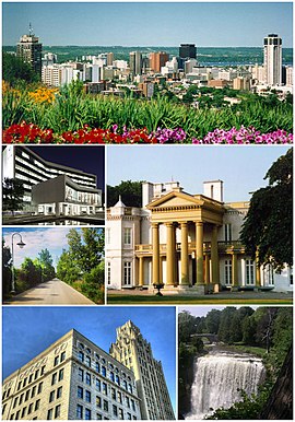 Six photos of Hamilton's landmarks, which include a wide view of Downtown Hamilton, City Hall lit up at night, a walkway with a lamp at Bayfront Park, a front view of Dundurn Castle, the Pigott Building in front of a blue sky and Webster's Falls with greenery on either side.