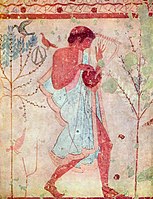Fresco of an Etruscan musician with a barbiton, Tomb of the Triclinium, Tarquinia