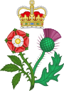 Heraldic badge of Queen Anne, depicting the Tudor rose and the Scottish thistle