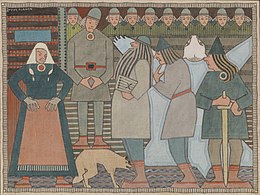 Arrival of Väinämöinen, Ilmarinen and Lemminkäinen at Pohjola, tempera by Joseph Alanen