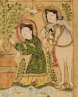 Figures in Turkic dress, with aqbiya turkiyya coat, tiraz armbands, boots and sharbush hat. Kitāb al-Diryāq, Jazira, 1198-1199 CE.[91]
