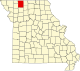 A state map highlighting Harrison County in the northwestern part of the state.