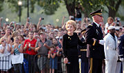 Former First Lady Nancy Reagan on hand at 16th Street and Constitution Avenue to witness the transfer of her husband, Ronald Reagan's casket from hearse to caisson