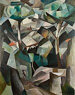 Albert Gleizes, 1911, Le Chemin, Paysage à Meudon, oil on canvas, 146.4 x 114.4 cm. Exhibited at Salon des Indépendants, 1911, Salon des Indépendants, Bruxelles, 1911, Galeries J. Dalmau, Barcelona, 1912, Galerie La Boétie, Salon de La Section d'Or, 1912, stolen by Nazi occupiers from the home of collector Alphonse Kann during World War II, returned to its rightful owners in 1997.[11]