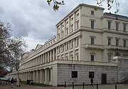 Panorama of the West Terrace. Numbers 8 and 9, formerly the German Embassy and now the home of the Royal Society, are the tall houses at the near end of the terrace