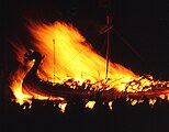 7 – The Burning Galley. Once the longship has burned and the flames die down, guizers sing the traditional song "The Norseman's Home" before going on to a night of partying. Any available large room is pressed into service as a hall, presided over by a hostess who issues invitations to attend, and every guizer squad visits every hall in turn to dance and drink with the guests. As there can be dozens of squads and dozens of halls, this takes most of the night and well into the following morning. The day after is the "Hop Night" where further dances and celebrations are held.