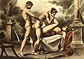 Illustration of a threesome between two men and a woman. (Plate XVIII)
