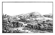 Die Riegelbergregion Schlossberg – Leonhardsberg (links, mit Burg Grünfels) mit den Altflächen der Eiszeiten; taleinwärts, hinten der Lärchberg, von rechts der Rantenbach (um 1830)