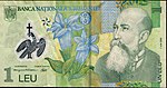 Vorderseite rumänische 1-Leu-Banknote (Serie 2005) mit überdrucktem Durchsichtfenster (Polymersubstrat)