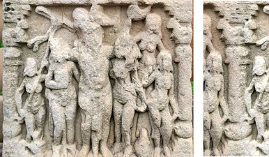 Ashoka supported by his two wives, with reconstituted pillar detail. Also seen in a contemporary relief on the Southern Gateway of Stupa 1.