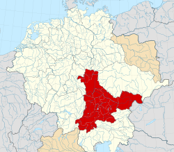 Duchy of Bavaria (red, including Austria) within the Holy Roman Empire c. 1000.
