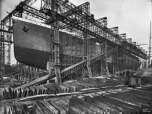 Britannic in the Arrol Gantry at Harland and Wolff, ready for launching, February 1914