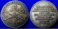 Coronation in Frankfurt am Main 9 October 1790. Silver strike of a coronation coin with Leopold's motto "pietate et concordia" above the Imperial Regalia.