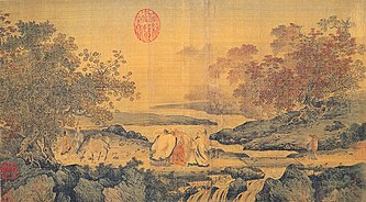Song dynasty painting in the Litang style illustrating the theme "Confucianism, Taoism and Buddhism are one". Depicts Taoist Lu Xiujing (left), official Tao Yuanming (right) and Buddhist monk Huiyuan (center, founder of Pure Land) by the Tiger stream. The stream borders a zone infested by tigers that they just crossed without fear, engrossed as they were in their discussion. Realising what they just did, they laugh together, hence the name of the picture, Three laughing men by the Tiger stream.