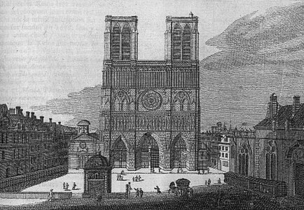 The facade of Notre-Dame in the early 18th century, with the church of Saint-Jean-le-Rond visible on its left side