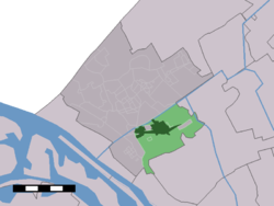 The village centre (dark green) and the statistical district (light green) of De Lier in the municipality of Westland.