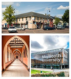 Clockwise from top: businesses in Maynooth, the Maynooth campus of the National University of Ireland, St. Patrick's College