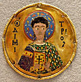 Byzantine cloisonné enamel plaque of St Demetrios, c. 1100, using the senkschmelz or "sunk" technique