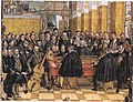 Orlando di Lasso and the Bavarian court musicians of circa 1563-70, by Hans Mielich. (Back row:) Treble or alto curved corbett (2nd from right), treble or alto straight cornett (fourth from right).