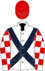 White, dark blue cross sashes, red and white check sleeves, red cap