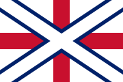 Another early proposal for the Union Jack, consisting of a white St Andrew's saltire with blue fimbriation superimposed over a red St George's cross on a field of white.