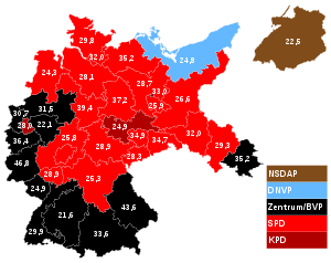 Reichstagswahl 1930: Stimmenstärkste Parteien nach Wahlkreisen, mit Prozentanteil der stärksten Partei