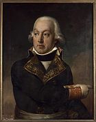 Painting shows a man wearing an 18th century wig and a dark military uniform with lace on the lapels and cuffs.