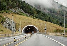 Foto einer Straße, die auf einen Straßentunnel hinzuführt. Der Straßentunnel führt in einen Berg hinein