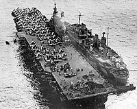 USS Randolph undergoing repairs following a kamikaze attack at Ulithi