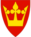 A golden crown appears prominently in the arms of Vestfold, a county in Norway.