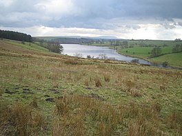 A lake in the distance surround by grass fields
