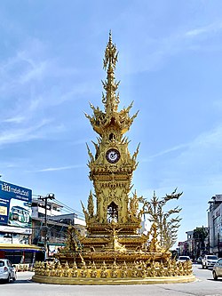 Chiang Rai city clock tower, designed by Chalermchai Kositpipat, in the centre of Mueang Chaing Rai