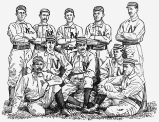 A black and white illustration of ten men arranged in three rows, standing, kneeling, and sitting on the ground. They are wearing light baseball uniforms with a dark "N" on the chests, dark stockings, and dark caps with light horizontal stripes.
