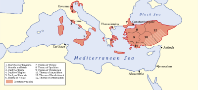 A colored map of the Byzantine Empire in 717.