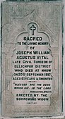 The widow of Joseph William Augustus Vital, the Civil Surgeon of Mhow installed this white marble plaque in memory of her late husband